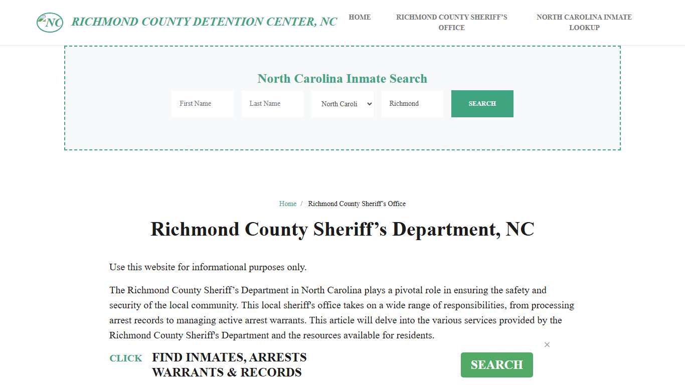 Richmond County Sheriff Department, NC Arrests, Warrant Lookup